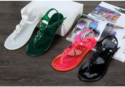 Stevvex women sandals flip flops with floral beaded T-strap in white green pink and black on Tampa Home & Garden Store