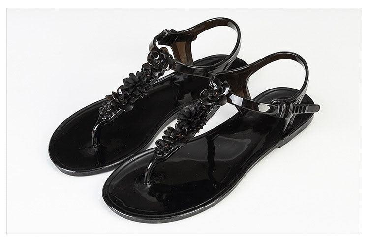 Stevvex women's black sandals with floral T-strap, flat non-slip dressy beach slides on Tampa Home & Garden Store