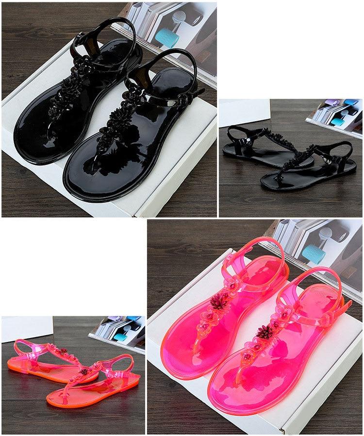 Stevvex women sandals set of four: black glossy floral T-strap, pink translucent, orange slides on Tampa Home & Garden Store