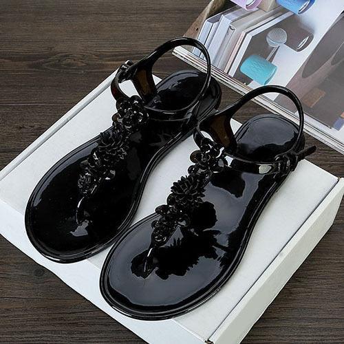 Stevvex black glossy jelly sandals with flower-bead T-strap, flat casual slides on Tampa Home & Garden Store