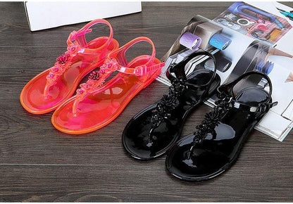 Women’s Stevvex jelly sandals with flower accents in pink and black, 2 pairs on Tampa Home & Garden Store