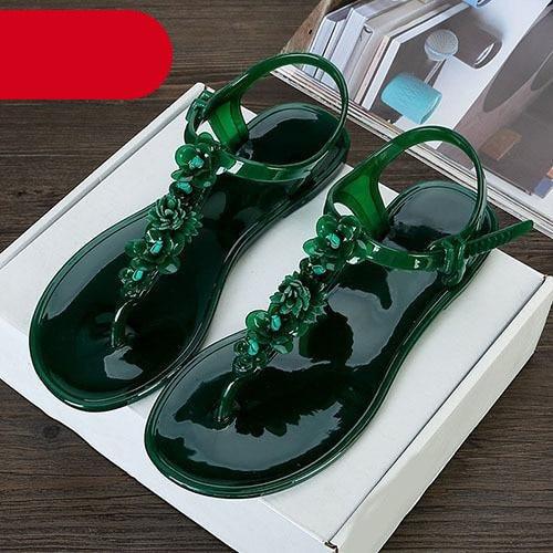 Green jelly sandals with flower bead T-strap, glossy, women's casual slides on Tampa Home & Garden Store