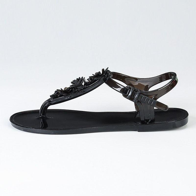 Women's black flower-strap T-strap sandal with ankle buckle, flat sole Stevvex on Tampa Home & Garden Store