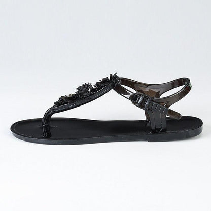 Women's black flower-strap T-strap sandal with ankle buckle, flat sole Stevvex on Tampa Home & Garden Store