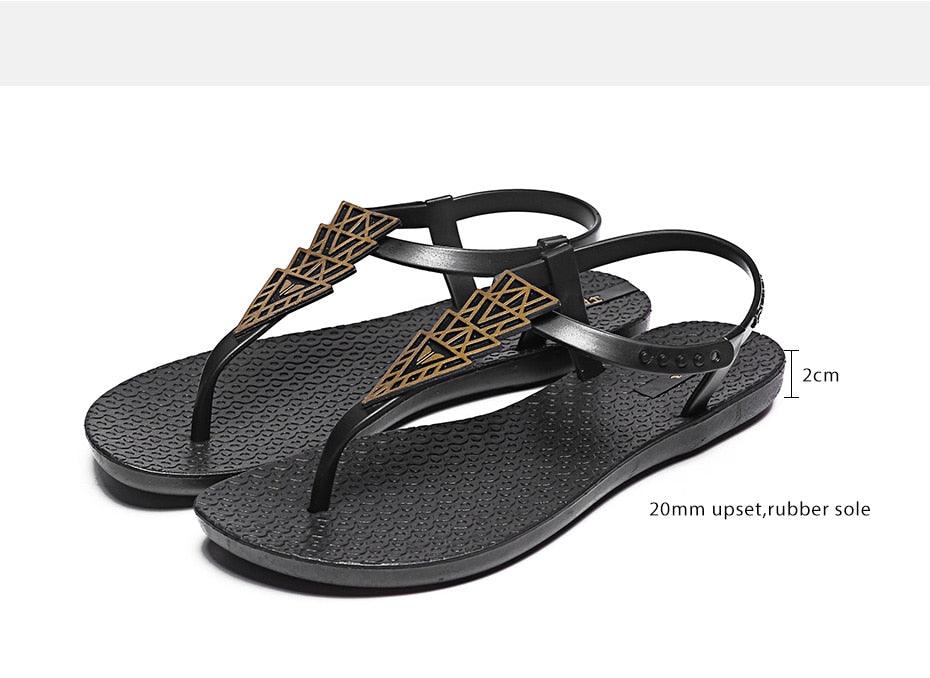 Stevvex women sandals black T-strap with bronze lattice accents and rubber sole on Tampa Home & Garden Store