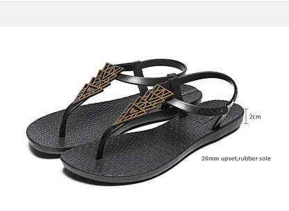 Stevvex women sandals black T-strap with bronze lattice accents and rubber sole on Tampa Home & Garden Store