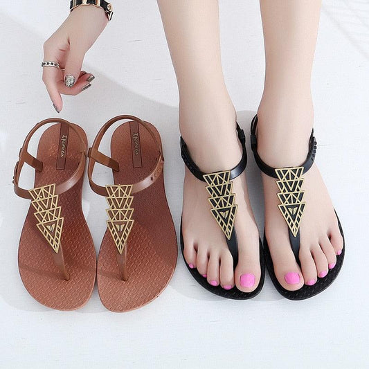 Stevvex women's sandals black T-strap with gold geometric pendant and brown strappy flip flops on Tampa Home & Garden Store