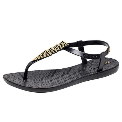 Women sandals Stevvex black flat sole T-strap with gold geometric lattice accent on Tampa Home & Garden Store