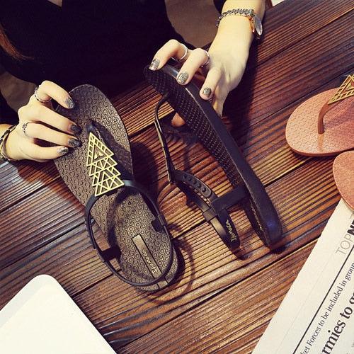 Stevvex women black T-strap flat sandals with ankle strap and gold geometric accent 1 pair on Tampa Home & Garden Store