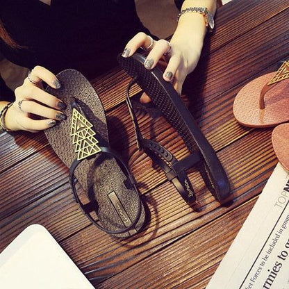 Stevvex women black T-strap flat sandals with ankle strap and gold geometric accent 1 pair on Tampa Home & Garden Store