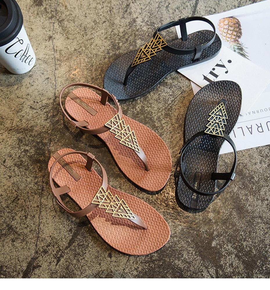 Stevvex women sandals 3 pairs: T-strap flip flops in pink tan black with gold triangles on Tampa Home & Garden Store
