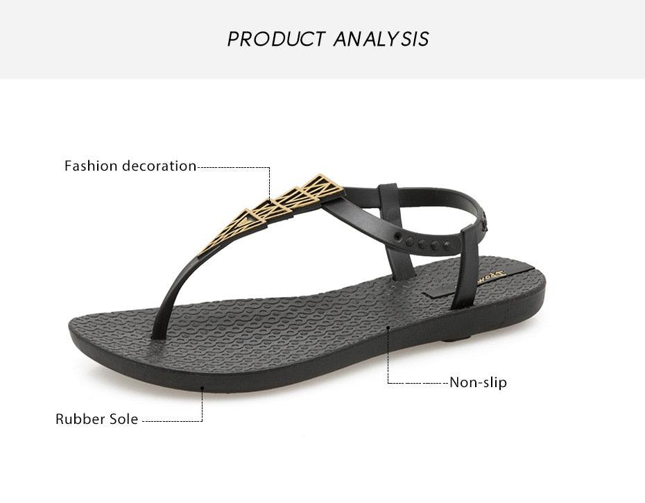 Stevvex women black T-strap flip flop sandal with gold decoration and rubber sole on Tampa Home & Garden Store