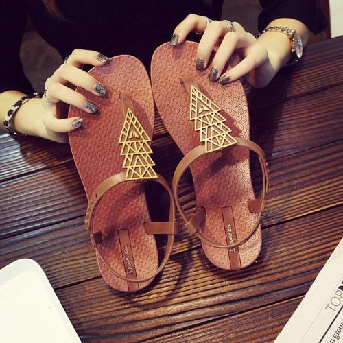 Stevvex brown T-strap sandals with geometric triangle accent, 2 sandals on Tampa Home & Garden Store