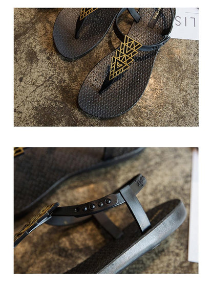 Stevvex women's black T-strap sandals with gold geometric front embellishment, textured footbed on Tampa Home & Garden Store

Stevvex black adjustable T-strap sandals with hole-punched strap and textured outsole on Tampa Home & Garden Store