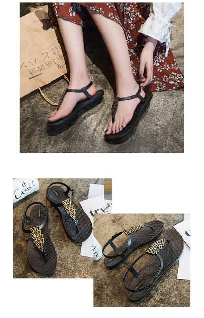 Stevvex Women Sandals ST85SH3021AFR black T-strap flip flops with triangle ornament on Tampa Home & Garden Store
