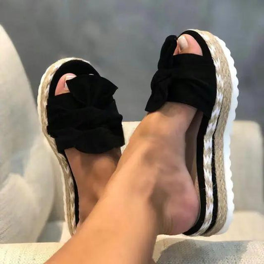 Stevvex platform sandals with black bow, rope-wrapped wedge espadrille for indoor outdoor wear on Tampa Home & Garden Store