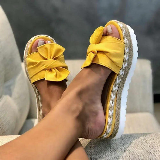 Women platform sandals Stevvex yellow bow knot espadrille wedge open toe on Tampa Home & Garden Store