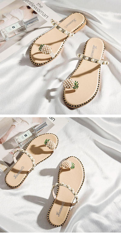 Stevvex pineapple bead sandals beige flat thong slides with pearl-embellished strap pair on Tampa Home & Garden Store