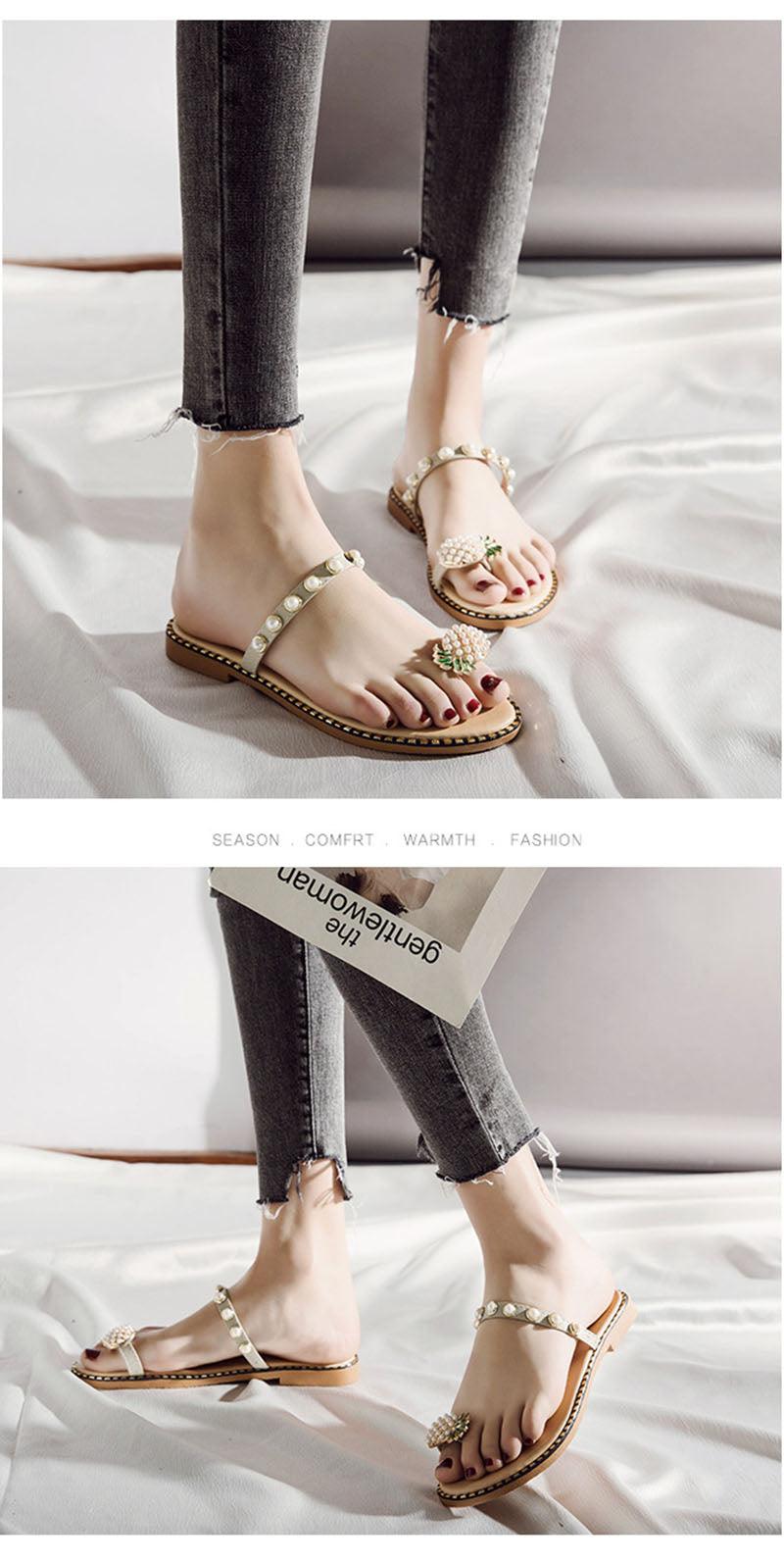 Stevvex women pearl-embellished flat sandals with pineapple toe charm, open-toe beige strappy slides on Tampa Home & Garden Store