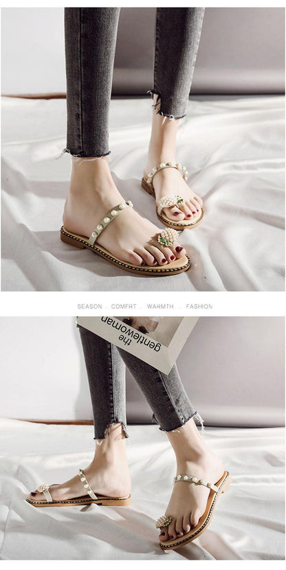 Stevvex women pearl-embellished flat sandals with pineapple toe charm, open-toe beige strappy slides on Tampa Home & Garden Store
