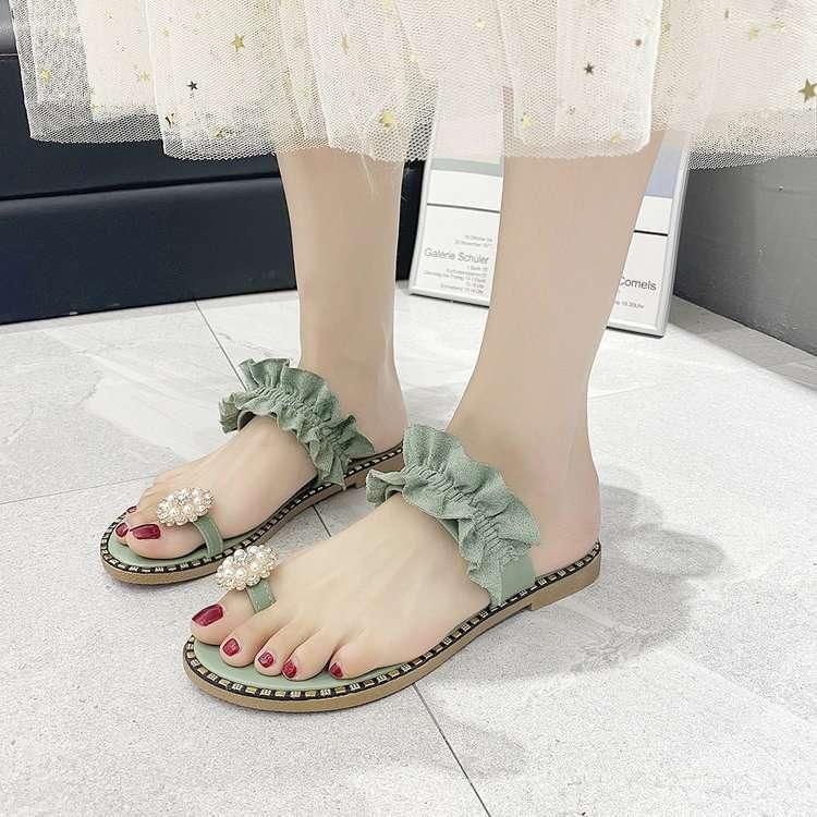 Stevvex women's green ruffled strap sandals with pearl flower embellishments, open-toe pair on Tampa Home & Garden Store