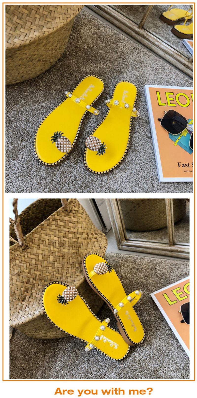 Stevvex yellow pineapple bead sandals, pair flat open-toe slides with pearl-bead straps on Tampa Home & Garden Store