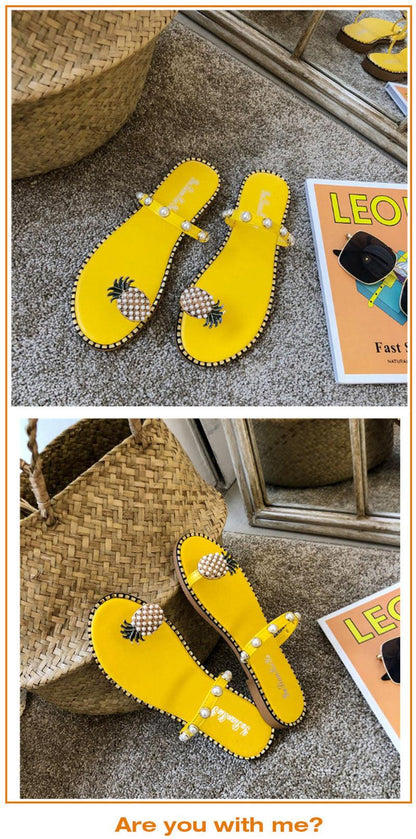 Stevvex yellow pineapple bead sandals, pair flat open-toe slides with pearl-bead straps on Tampa Home & Garden Store
