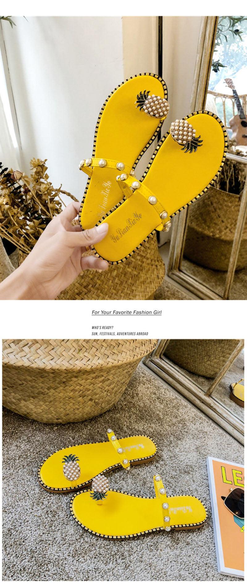 Stevvex yellow pineapple sandals with pearl bead accents, open-toe flat slides for beach on Tampa Home & Garden Store