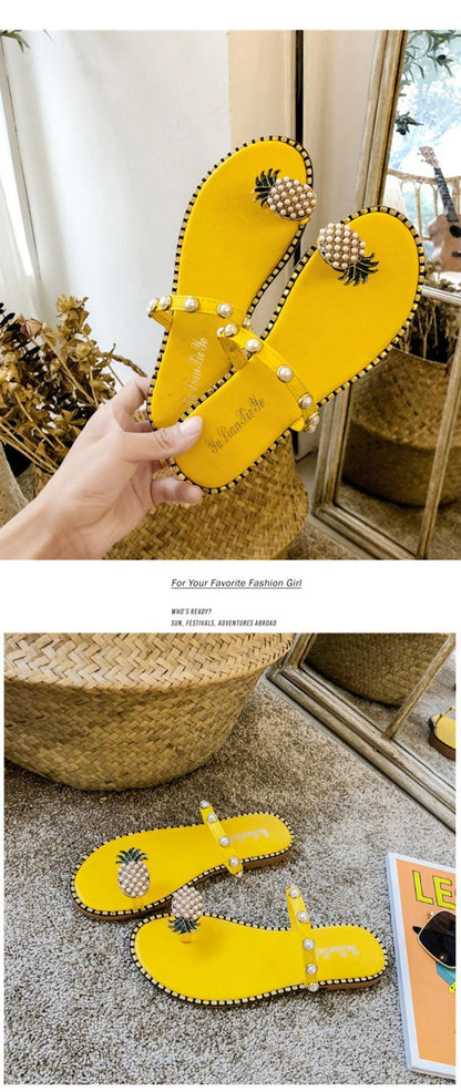 Stevvex yellow pineapple sandals with pearl bead accents, open-toe flat slides for beach on Tampa Home & Garden Store
