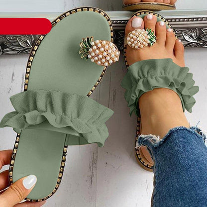 Stevvex pineapple bead sandals with mint green ruffle strap, open-toe flat slides on Tampa Home & Garden Store