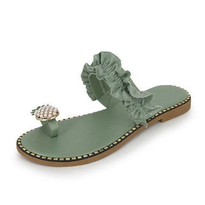 Stevvex green sandal with a ruffle strap and pineapple bead toe ring open-toe flat slide on Tampa Home & Garden Store