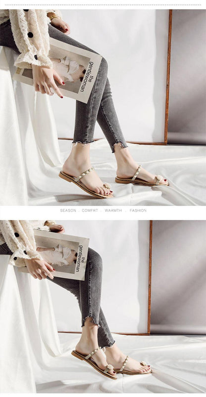 Stevvex women pearl-bead strap flat sandals, open-toe beige slides on Tampa Home & Garden Store