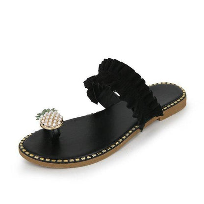 Stevvex women pineapple bead thong sandal with black ruffled strap, flat open-toe strappy slide on Tampa Home & Garden Store