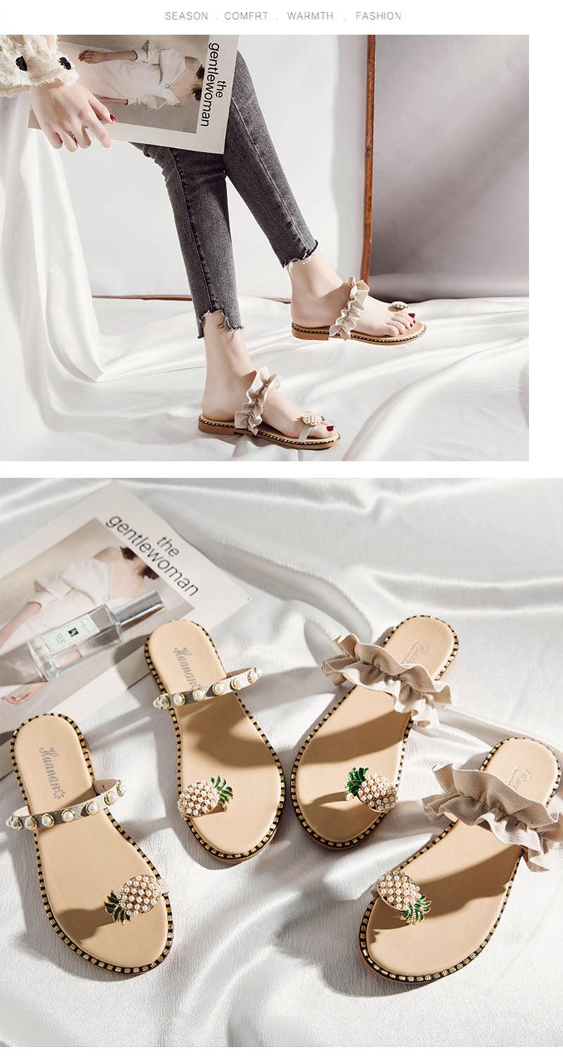 Stevvex Women Sandals with beige ruffled strap, pineapple bead accents, open-toe flat slides, two pairs on Tampa Home & Garden Store