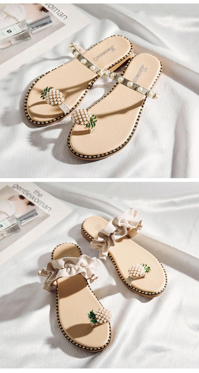Stevvex pineapple bead sandals with pearl strap, beige flat sole and ruffle strap on Tampa Home & Garden Store
