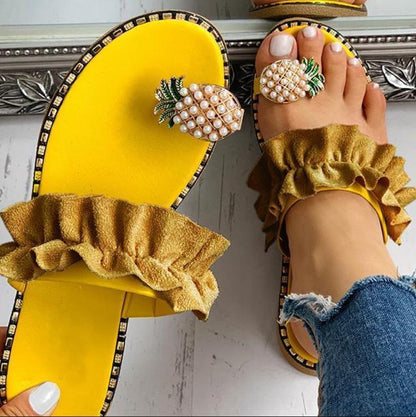 Pineapple-bead sandals Stevvex in bright yellow with open-toe design and ruffled gold strap, pair on Tampa Home & Garden Store
