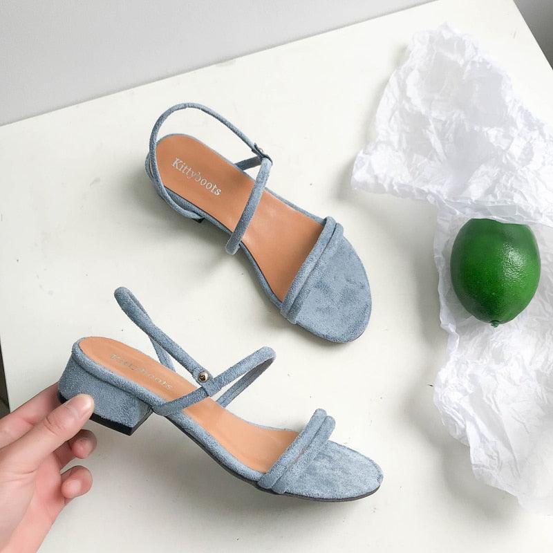 Stevvex blue suede women's sandals, open toe, ankle strap, two toe straps, low block heel on Tampa Home & Garden Store