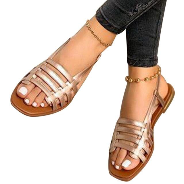 Women Stevvex rose-gold strappy open-toe flat sandals with slingback on Tampa Home & Garden Store
