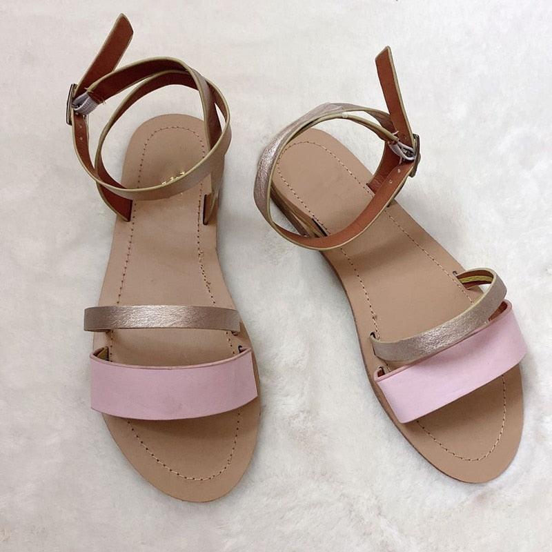 Stevvex women's flat sandals pink toe strap bronze strap ankle slingback open-toe pair on Tampa Home & Garden Store