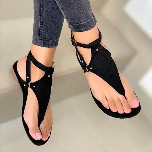Women Sandals black T-strap with ankle buckle, open-toe flat casual beach shoes on Tampa Home & Garden Store