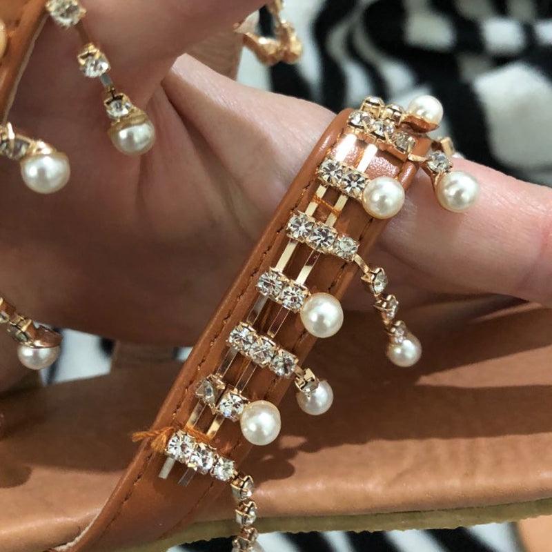 Stevvex pearl-embellished T-strap sandals for women, tan open-toe flat sandal on Tampa Home & Garden Store