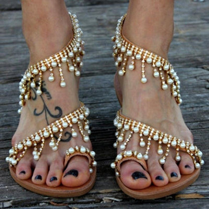 Stevvex women pearl-embellished sandals, gold-tone T-strap open-toe pair on Tampa Home & Garden Store
