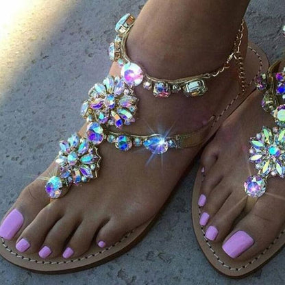 Stevvex women's crystal sandals pair with floral rhinestone straps, open-toe flat beige sole on Tampa Home & Garden Store