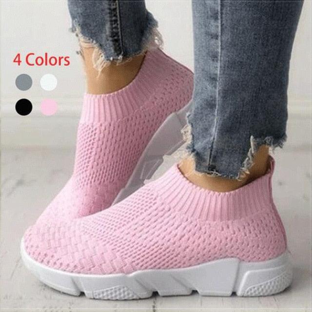 Stevvex women slip-on pink knit mesh sneakers with a chunky white sole on Tampa Home & Garden Store