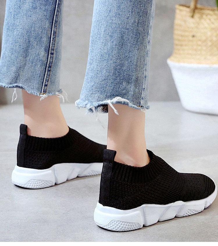Women slip-on black knit sneakers with white chunky sole, breathable mesh casual walking shoes on Tampa Home & Garden Store