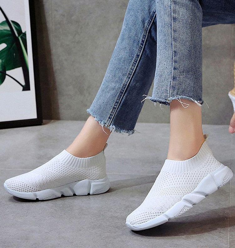 Stevvex women slip-on white knit sneakers with breathable mesh casual walking shoes on Tampa Home & Garden Store