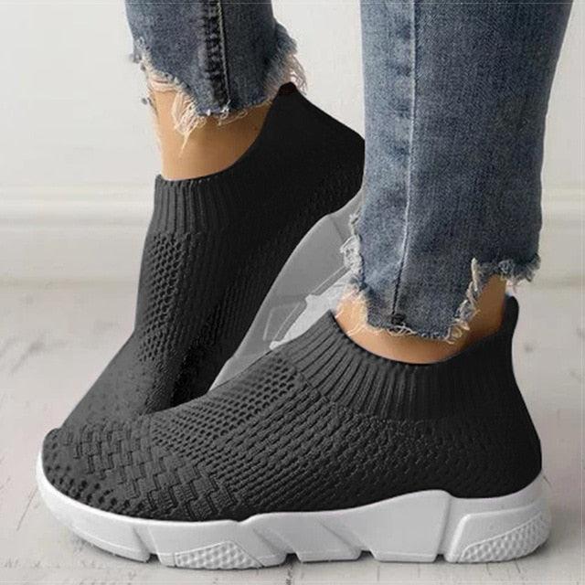 Women slip-on knit sneakers, black mesh, white chunky sole, casual walking shoe on Tampa Home & Garden Store