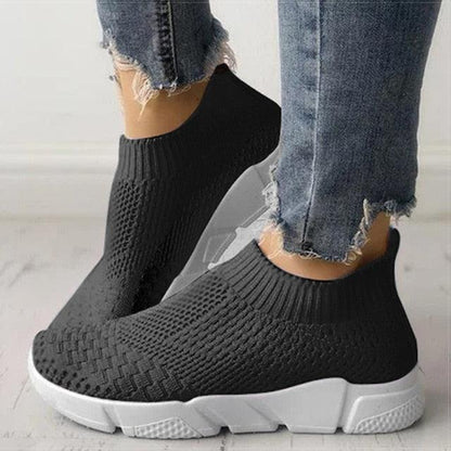 Women slip-on knit sneakers, black mesh, white chunky sole, casual walking shoe on Tampa Home & Garden Store