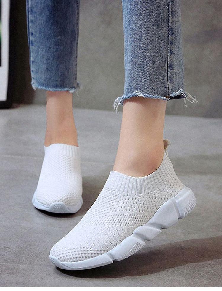 Stevvex women slip-on white mesh knit sneakers pair, super light breathable casual walking shoes on Tampa Home & Garden Store
