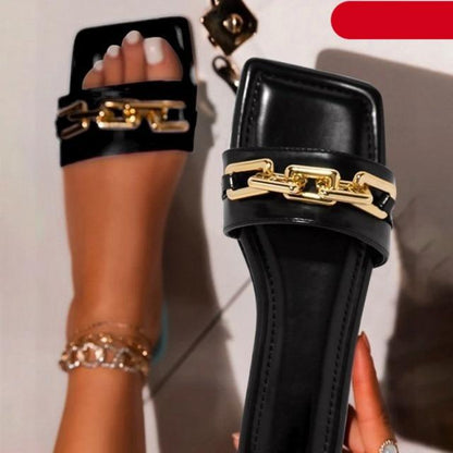 Stevvex women’s black square-toe open-toe slip-on sandals with a gold chain strap on Tampa Home & Garden Store